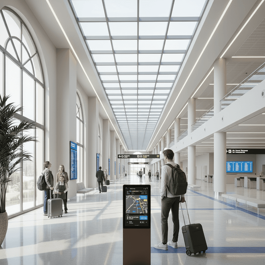 Interactive airport wayfinding display guiding passengers through the terminal