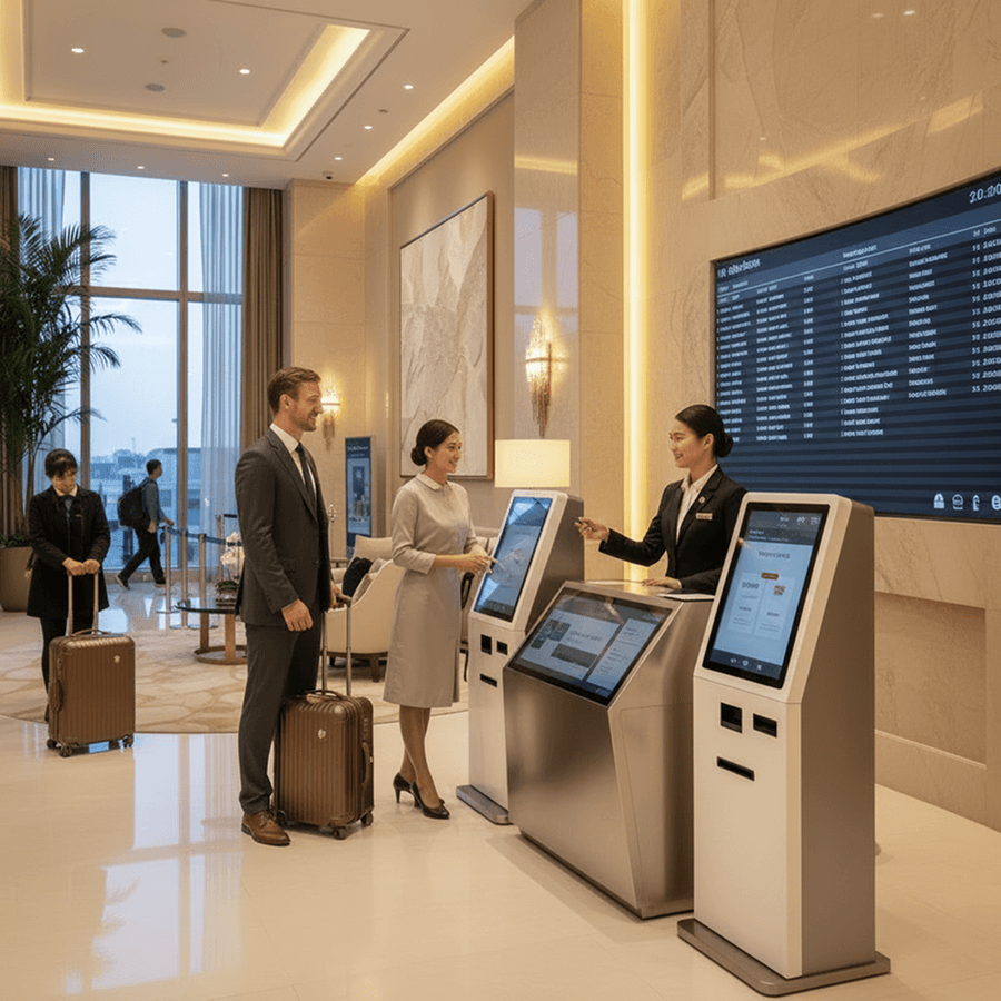 Airport check-in and self-service area with digital assistance