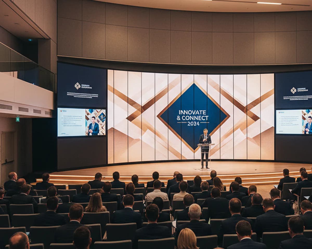 Audience watching a keynote on a large digital stage