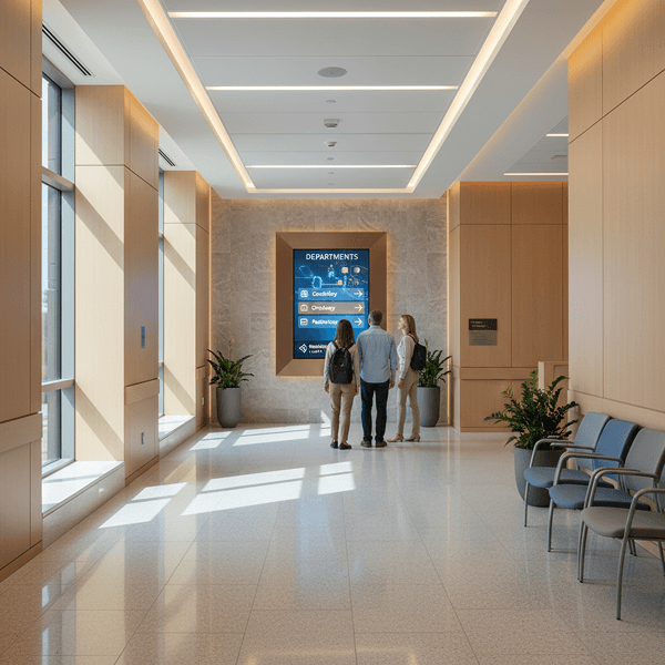 Hospital wayfinding display guiding patients through a clinical space