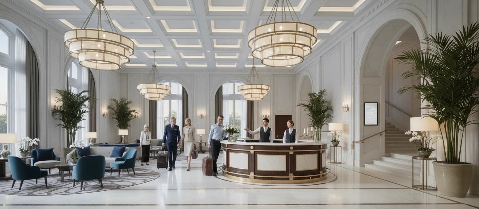 Elegant hotel lobby with guests gathered around the concierge desk