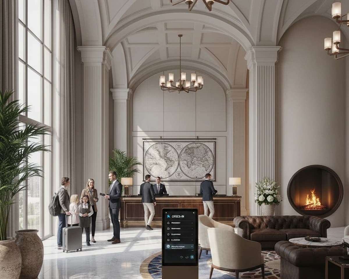 Guests arriving in a bright hotel lobby