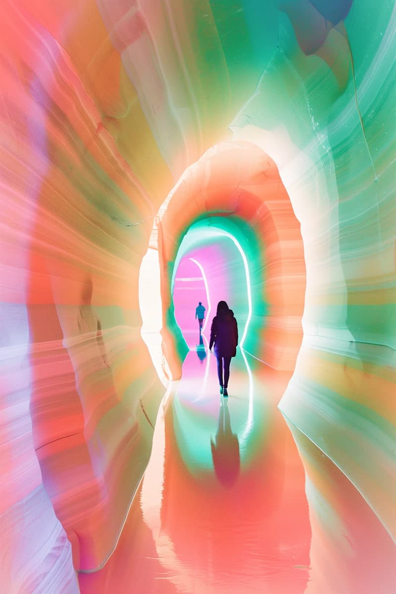 Colorful LED and laser tunnel with silhouettes walking through the scene