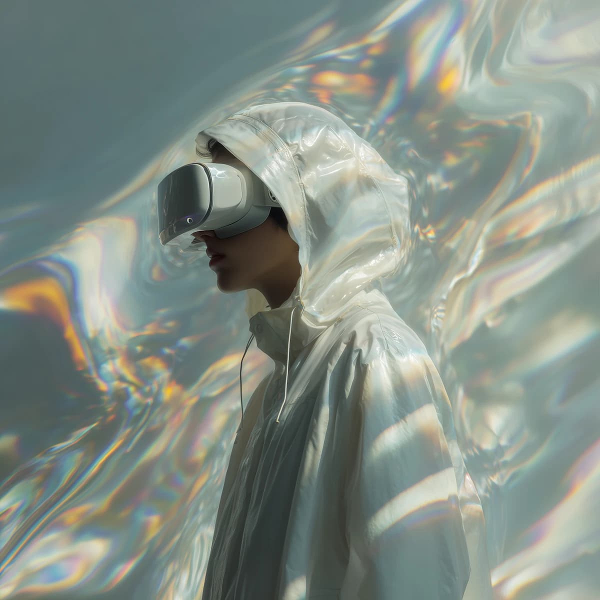 Person wearing a VR headset in an iridescent immersive environment