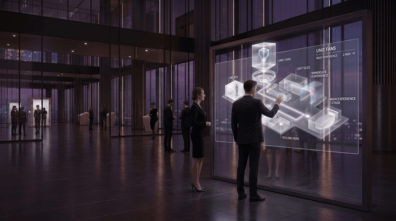 UNIT portal booth with a holographic interface in a night lobby