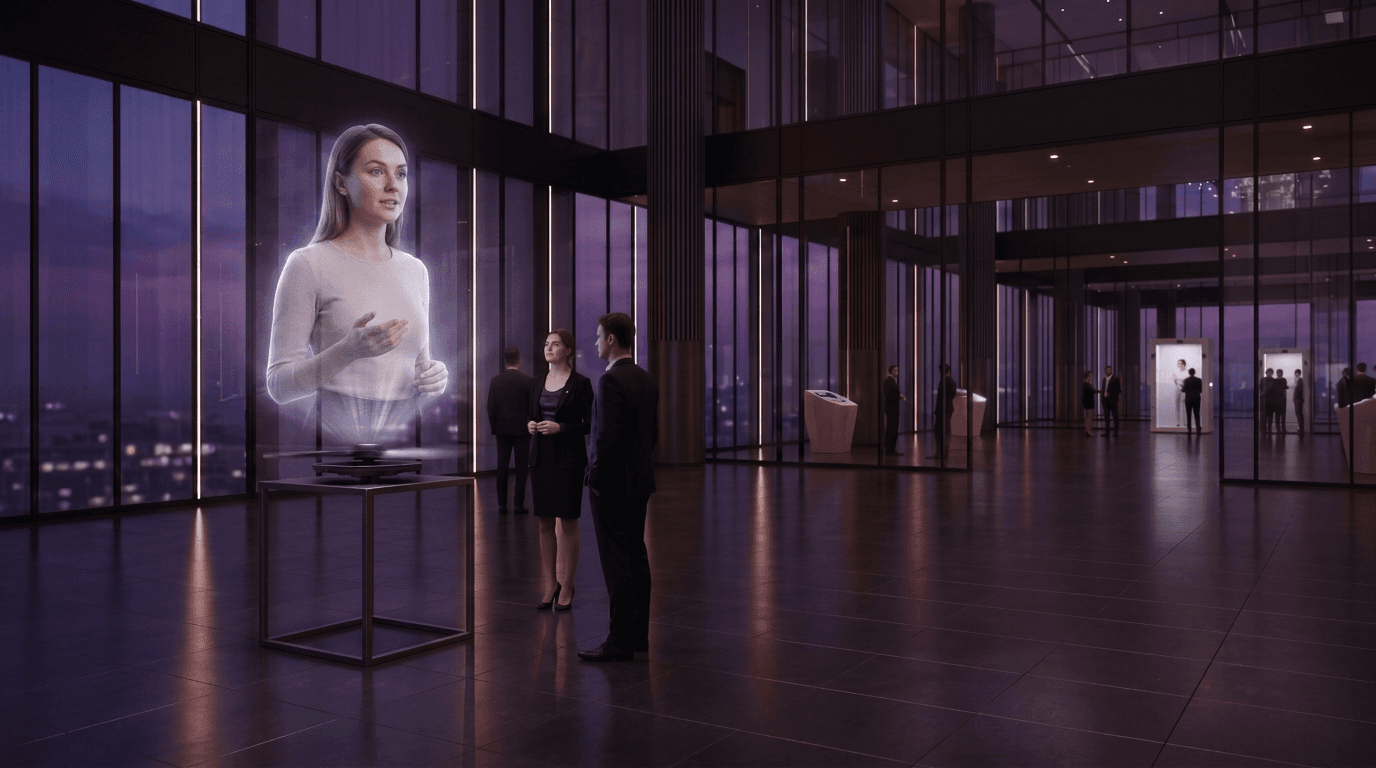Visitors interacting with a transparent UNIT display in a lobby