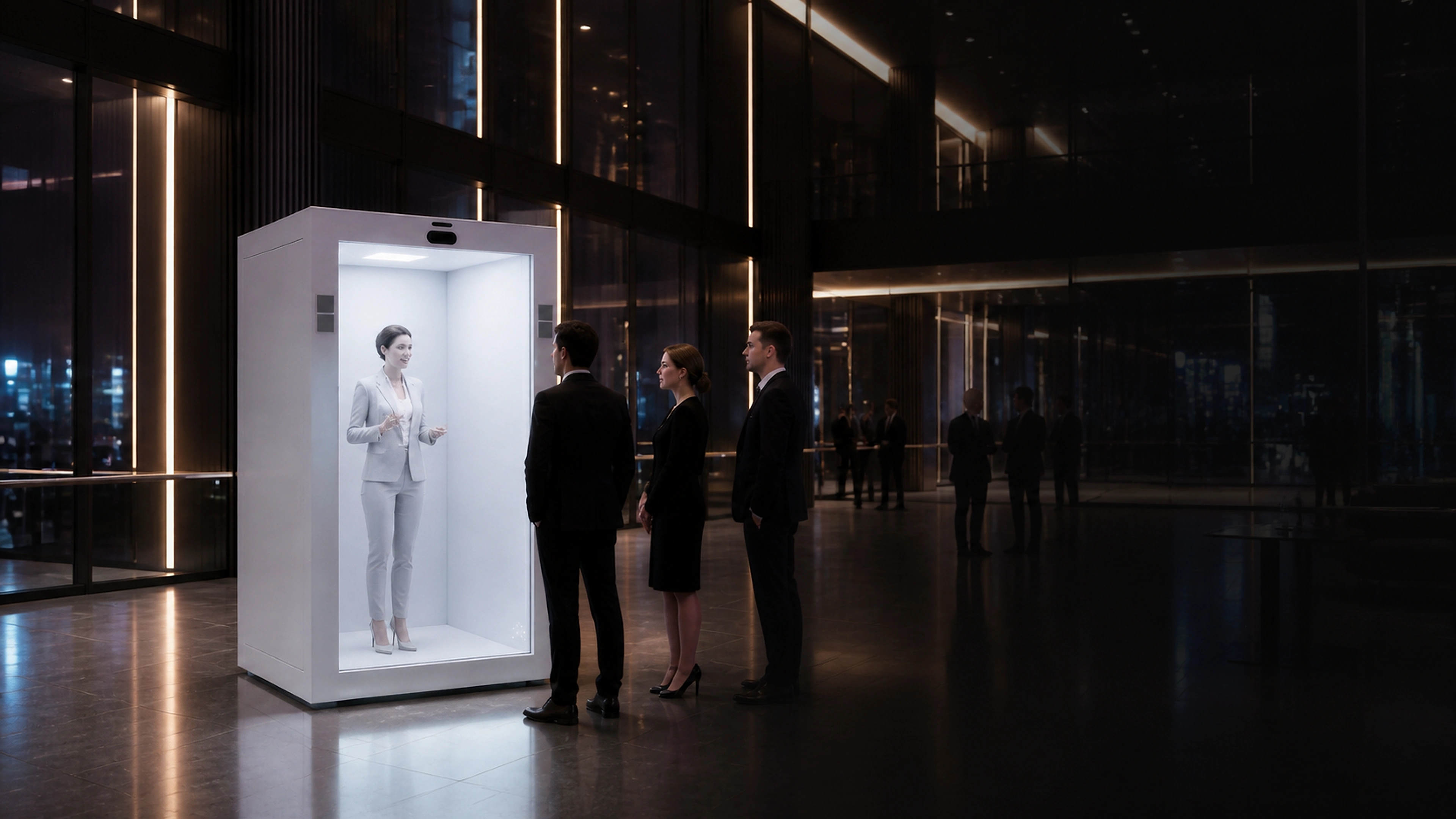 UNIT BOX portal with a life-sized digital human speaking to visitors in a lobby